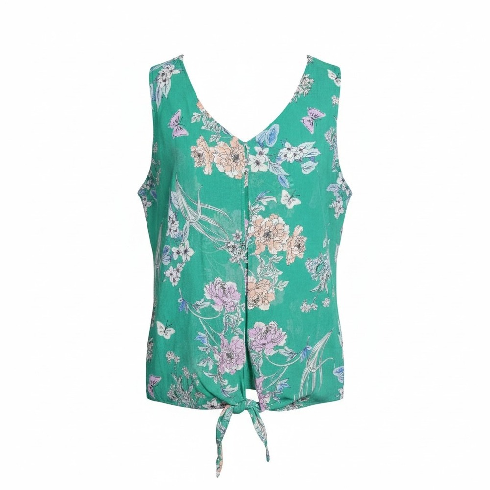 Roz & Ali Green Floral Butterfly Tie Front Sleeveless‎ Blouse XL Chiffon Overlay